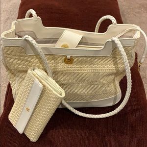 Etienne Aigner straw cream color bag & wallet